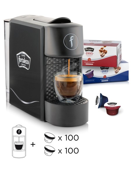 Cafetera Fortaleza, 100 cápsulas Natural y 100 cápsulas Descafeinado