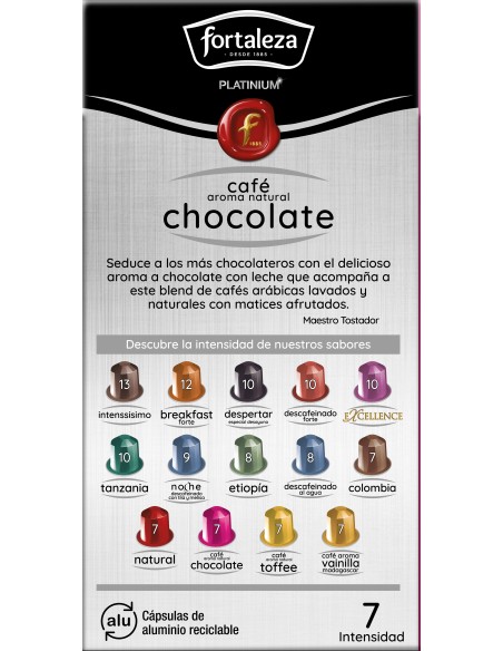 Café con aroma natural a Chocolate 10 cápsulas Fortaleza Platinium compatibles con Nespresso®