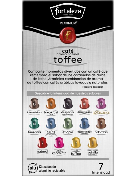 Café con aroma natural a Toffee 10 cápsulas Fortaleza Platinium compatibles con Nespresso®