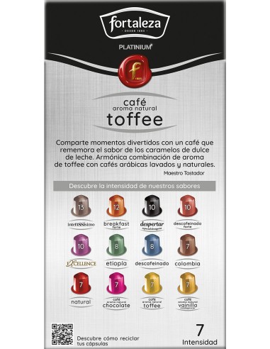 Café con aroma natural a Toffee 10 cápsulas Fortaleza Platinium compatibles con Nespresso®