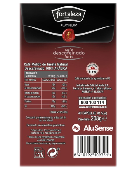 Café Descafeinado Forte 40 cápsulas Fortaleza Platinium compatibles con Nespresso®